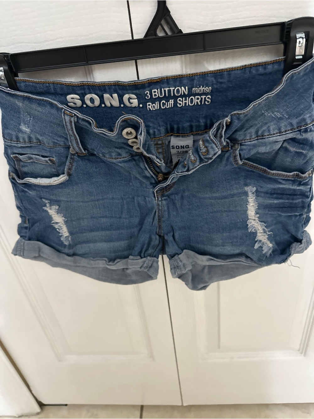 Midrise Distressed Roll-Cuff Denim Shorts in Blue